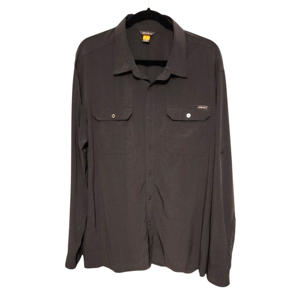 Eddie Bauer Button Front Shirt Gray Roll Tab Long Sleeve Pockets Mens Size XL